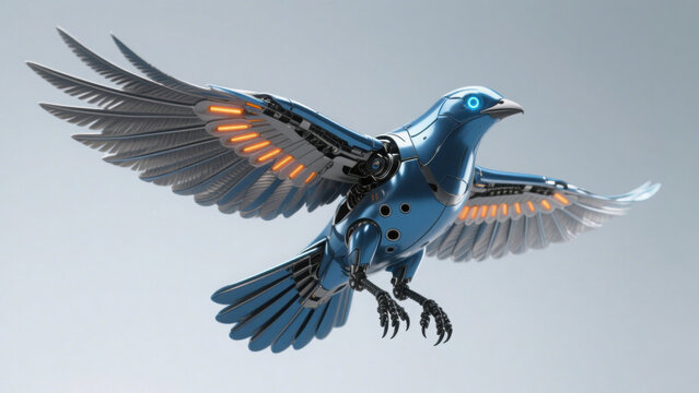 Metallic Blue Robotic Bird in Mid-Flight, Set Against a Soft Gradient Light Background &ndash; For Biomimetic Flight Tech, Avian Robotics & Futuristic Aerial Surveillance Visual Concepts