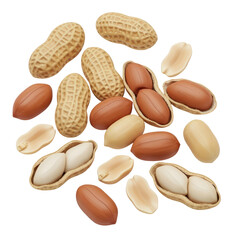 Heap of whole unpeeled peanuts and shelled nuts scattered on a dark surface isolated on transparent background