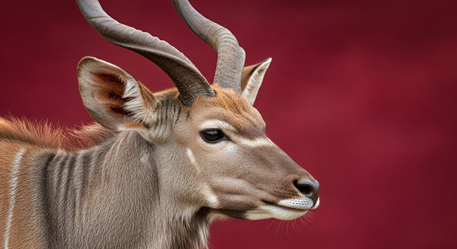 Close-up portrait of a kudu antelope with majestic horns against a red background