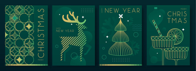 Set of Christmas holiday flat posters on emerald green background. Line art vector illustration. Futuristic Christmas greeting card design. Vector illustration