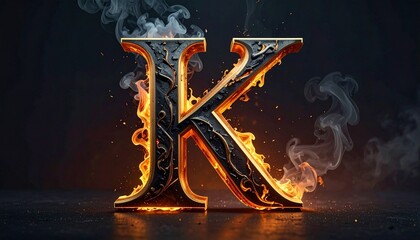 Striking letter K forged from molten gold and onyx shards, alive with liquid fire and glowing embers &mdash; a surreal fusion of regal calligraphy, elemental power, and refined artistry.