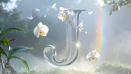Hyperrealistic letter J sculpted from glass and white orchids, glowing with refracted light and mist — a poetic fusion of fragility, surreal elegance, and botanical luxury design.