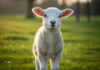 Obraz premium A cute white lamb stands in a vibrant green field, looking directly at the camera with soft, warm light.