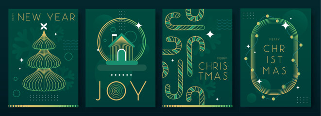 Set of Christmas holiday flat posters on emerald green background. Line art vector illustration. Futuristic Christmas greeting card design. Vector illustration