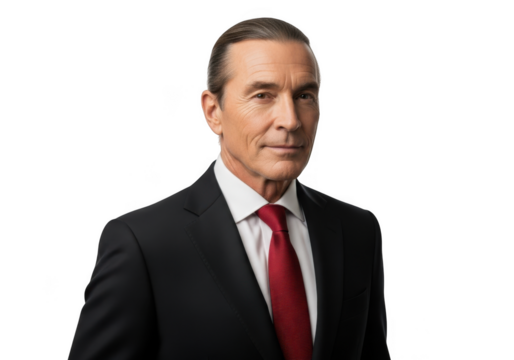 Professional businessman in suit and red tie portrait photo png image for design and marketing use, isolated on transparent background