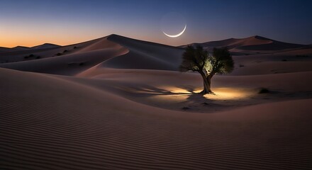Lone tree illuminated by light amidst expansive desert night landscape
