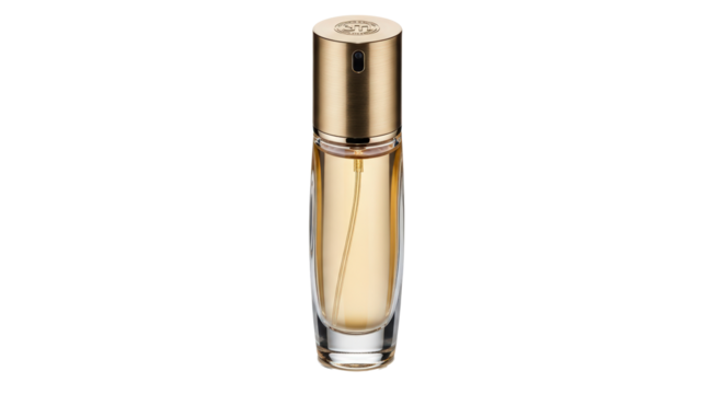 Elegant golden perfume bottle with clear crystal cap and refillable liquid isolated on transparent background