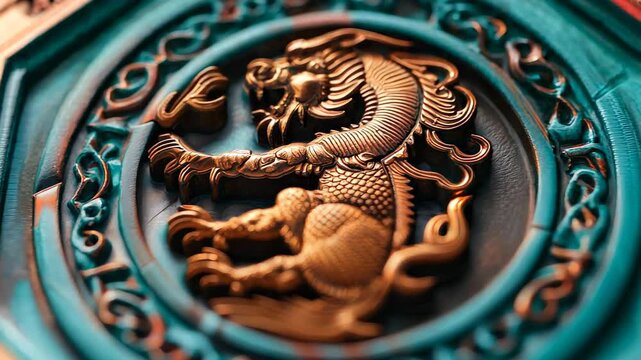 Explore the stunning craftsmanship of this intricate dragon carving featuring vibrant colors and detailed texture, perfect for art and design enthusiasts.