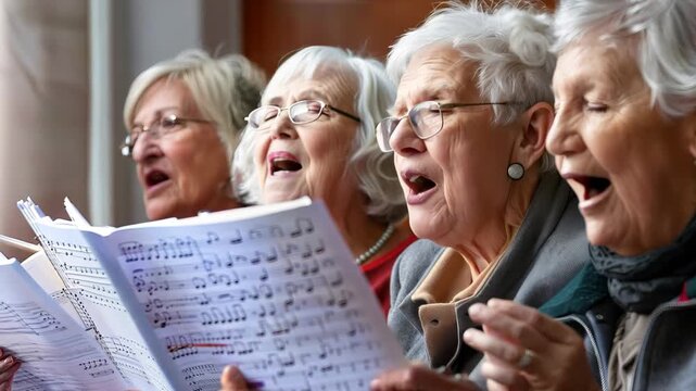 A cheerful group of senior women enjoying singing together, showcasing the joy of music and community engagement in a warm atmosphere.