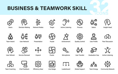 Business and Teamwork skill Symbols Collection. Visualize corporate growth, project management, communication, and learning process icons.
