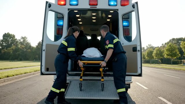 Emergency Medical Personnel Transfer Patient to Ambulance Stretcher