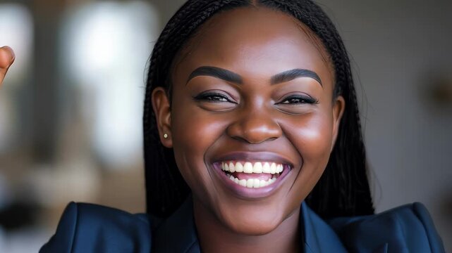 A young woman showcasing her joy and confidence with a bright smile, celebrating a personal achievement in a professional setting. Perfect for themes of success and empowerment.