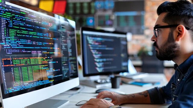 A focused young programmer works on complex code at a modern desk with dual monitors, creating software applications in a bright and organized workspace.