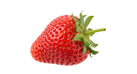 A fresh red strawberry with a green stem, showcasing its bright color, smooth texture, and natural sweetness