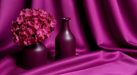 Two decorative vases with pink flowers on a vibrant magenta fabric background