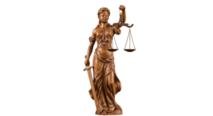 Golden statue of lady justice holding sword and scales symbolizing law and justice isolated on transparent background