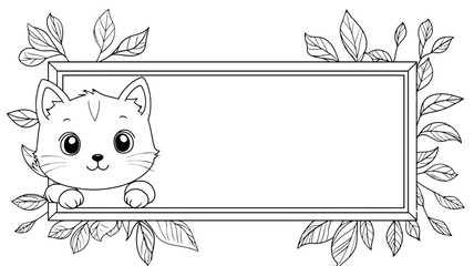 Playful Cat Illustration with Leafy Frame, Coloring Page, Whimsical Design, Creative Environment, Cute Viewpoint