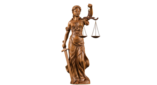 Golden statue of lady justice holding sword and scales symbolizing law and justice isolated on transparent background