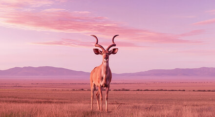 Kudu antelope standing majestically in a pink landscape at sunset