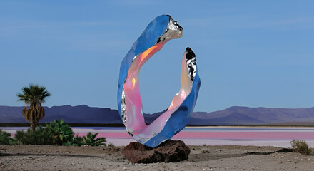 Abstract metallic sculpture set against a stunning landscape with a pink lake and mountains, creating a striking visual contrast