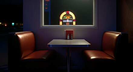 Cozy diner booth with a table and condiments, illuminated with soft lighting, featuring a vintage jukebox visible through the window