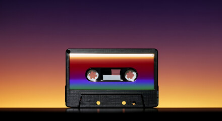 Vintage audio cassette tape with a colorful label against a gradient background, evoking nostalgia and retro vibes