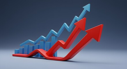 Colorful 3D graphic illustrating business growth, with upward arrows and bar graph elements