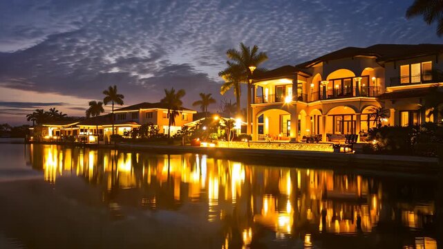 A breathtaking sunset scene featuring luxury waterfront homes reflecting in calm water with palm trees. The warm evening light creates a tranquil atmosphere.