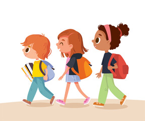 Group of young little diverse children, smaller boy and two bigger girls, orderly, walking to school with backpacks and textbooks, one after another, uphill, In a line. Young boy and two older girls
