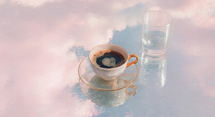 Coffee cup with a glass on a reflective surface mirroring a pastel sky