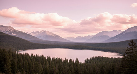 Mountain landscape with a tranquil lake and a peaceful mood at sunset