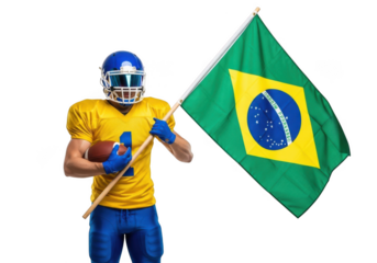 Football player holding brazil flag png, athlete with ball and helmet, brazilian colors, sports fan, national pride, isolated on transparent background