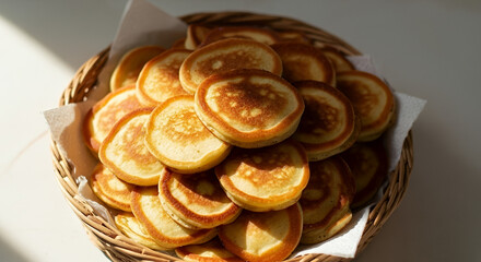 Stack of golden pancakes in a woven basket, creating a delicious and inviting breakfast display