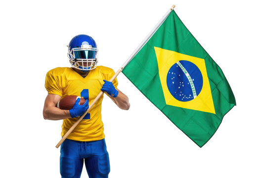 Football player holding brazil flag png, athlete with ball and helmet, brazilian colors, sports fan, national pride, isolated on transparent background - Powered by Adobe