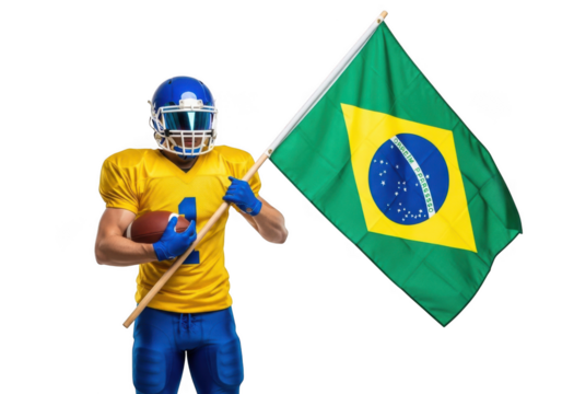 Football player holding brazil flag png, athlete with ball and helmet, brazilian colors, sports fan, national pride, isolated on transparent background - Powered by Adobe