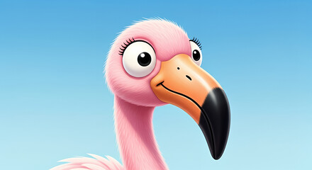 Cute cartoon flamingo with big eyes and a cheerful expression against a blue sky