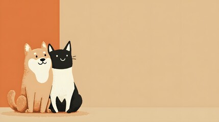 Adorable illustrated dog and cat sit together on a plain background.