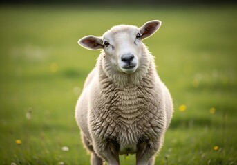 Obraz premium A fluffy white sheep stands in a vibrant green pasture, looking directly at the camera with a gentle expression.