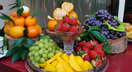 Colorful assortment of fresh fruits including strawberries, grapes, mangoes, and oranges displayed in a glass bowl on a table