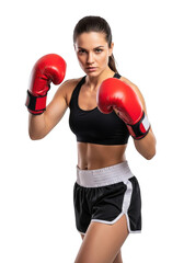 Female boxer with red boxing gloves in fighting stance, fitness model, sportswear, punching, training, workout, exercise, isolated on transparent background