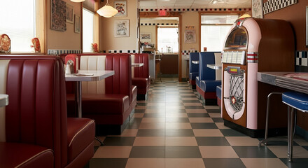 Retro diner interior featuring colorful booths and a vintage jukebox, creating a nostalgic atmosphere with checkerboard flooring
