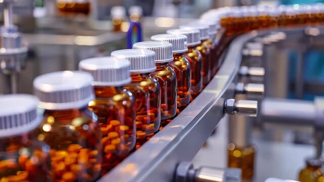 This image showcases glass bottles filled with pills moving along a production line in a pharmaceutical factory, emphasizing manufacturing efficiency and quality in healthcare.