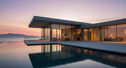 Sleek modern villa with a pool and panoramic views at sunset over the water