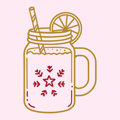 Illustration of a festive mason jar filled with a red holiday beverage and garnishes
