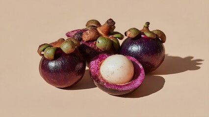 Obraz premium Mangosteens with purple rind; one cut open to reveal the white fleshy segments inside. Concept Mangosteen Fruit, Purple Rind, White Segments Inside, Cut Open to Reveal Flesh