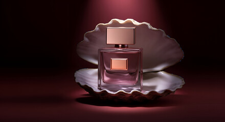 Perfume bottle in a seashell with a luxurious mood on a dark background