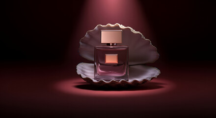 Perfume bottle in a seashell with a luxurious mood on a dark background