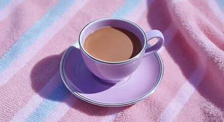 Lavender cup with tea on a pink towel with striped pattern