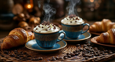 Warm cups of coffee topped with whipped cream and chocolate shavings next to croissants, creating an inviting and cozy atmosphere