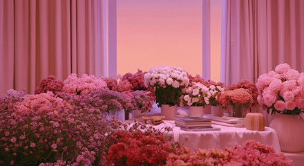 Vibrant flower arrangement on a table with a pastel background, creating a joyful and serene atmosphere